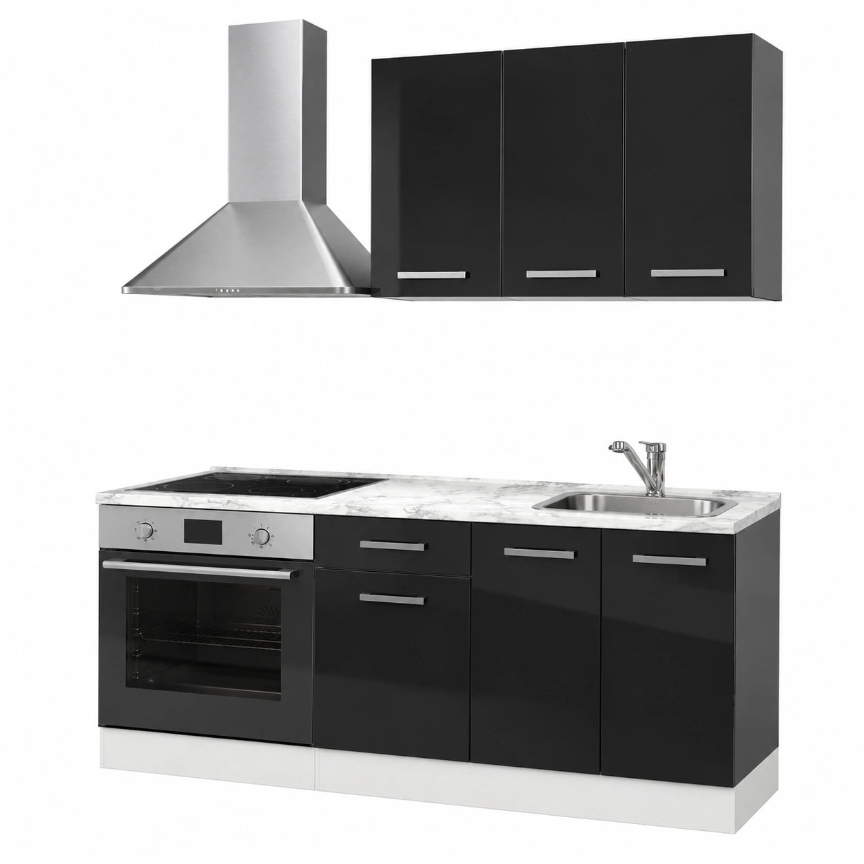 Cocina Completa Solteros Vicco R-Line, Negro Brillo/Blanco, 160 cm, Mueble con Encimera y Fregadero Integrados