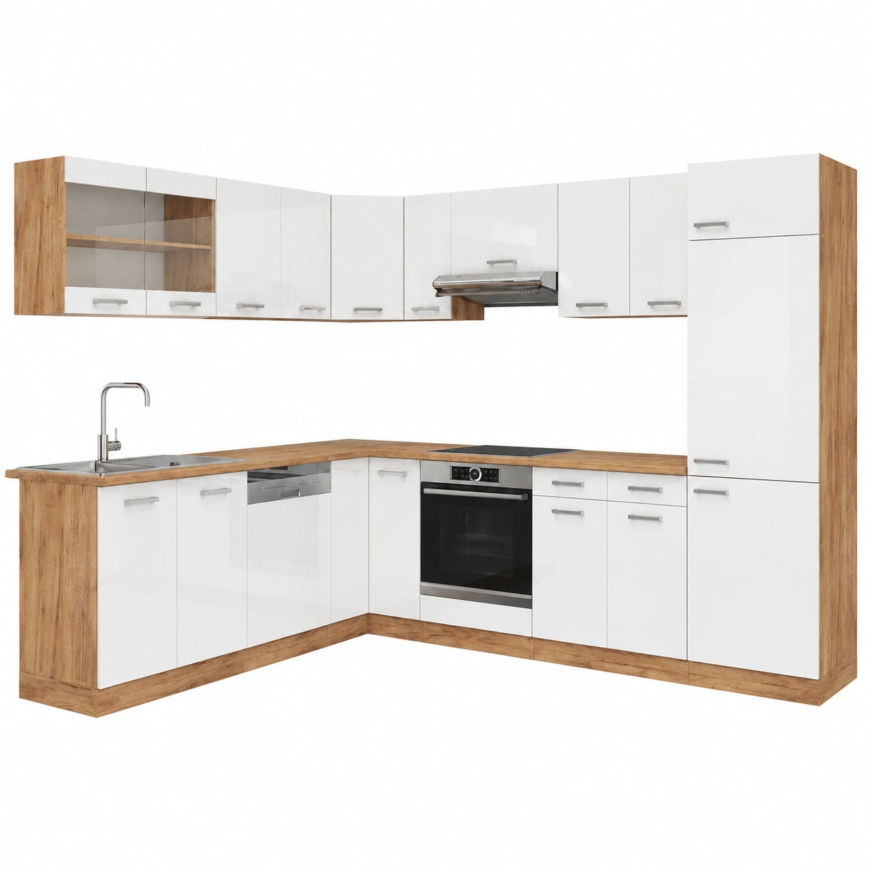 Módulo de Cocina Esquinera Vicco R-Line, Diseño Blanco Brillante y Roble Dorado, 287x46 cm, Sin Encimera, Configuración Flexible y Modular