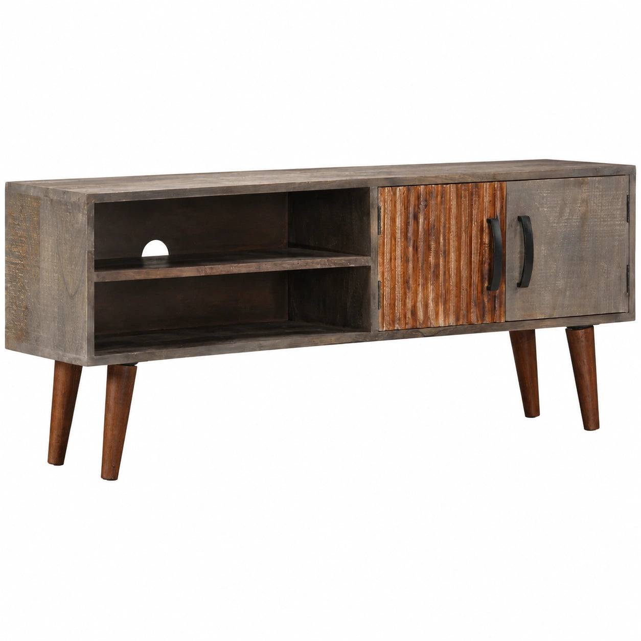 Mueble de TV de Madera de Mango Gris con Diseño Duradero, 130x30x46 cm, con 2 Puertas y Compartimentos Abiertos