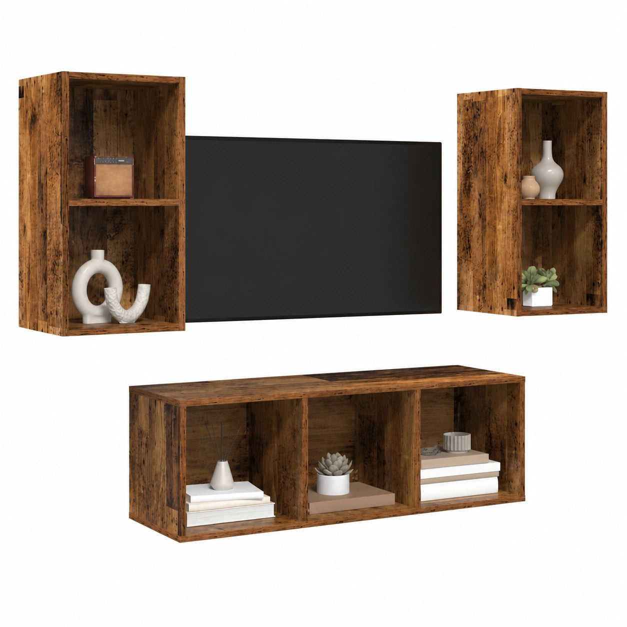 Conjunto de Muebles de TV Montados en Pared de Madera Recuperada, Almacenamiento Moderno para Sala de Estar
