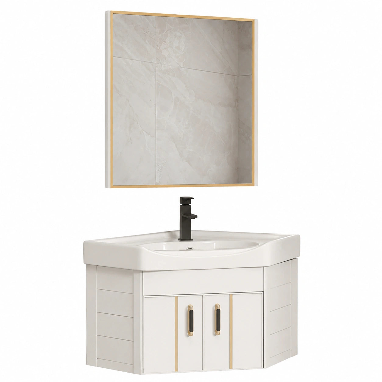 Mueble de baño esquinero con lavabo cerámico y espejo, fácil instalación, ideal para visitas y apartamentos (Blanco, 18.9x20.8)