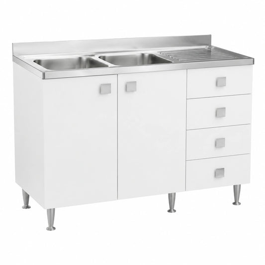 Gabinete de Cocina Blanco con Fregadero de Acero Inoxidable de Doble Tazón y Escurridor