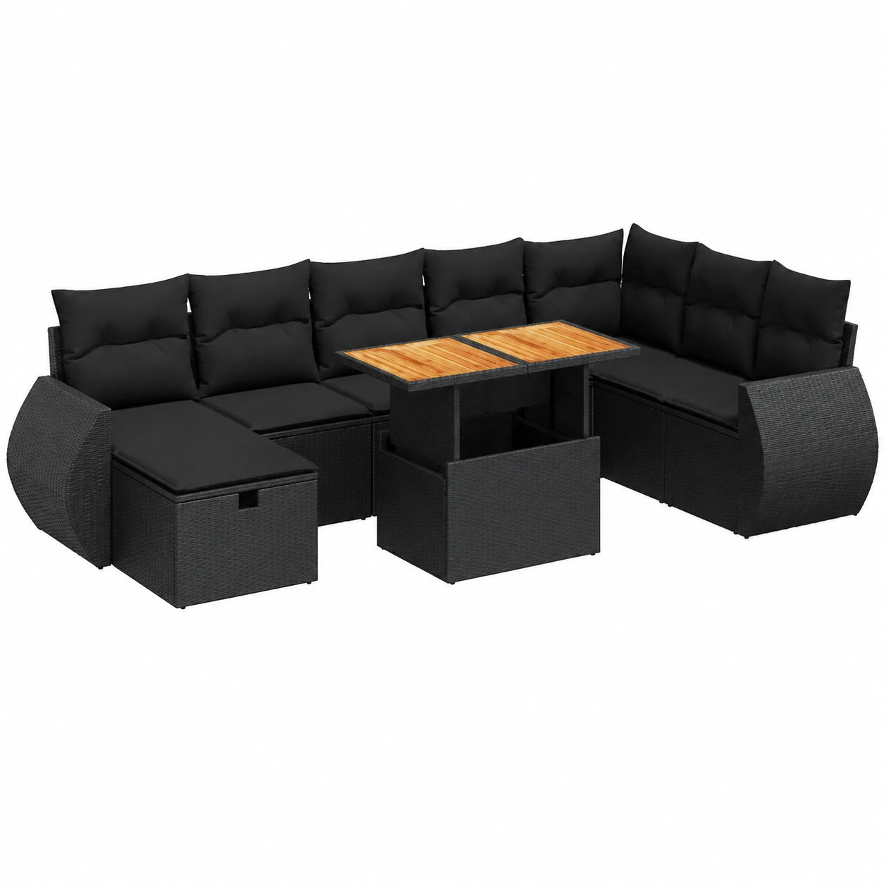 Conjunto de muebles de jardín en ratán negro con cojines impermeables, 4 módulos centrales, 1 esquinero, 2 con reposabrazos, otomana y mesa