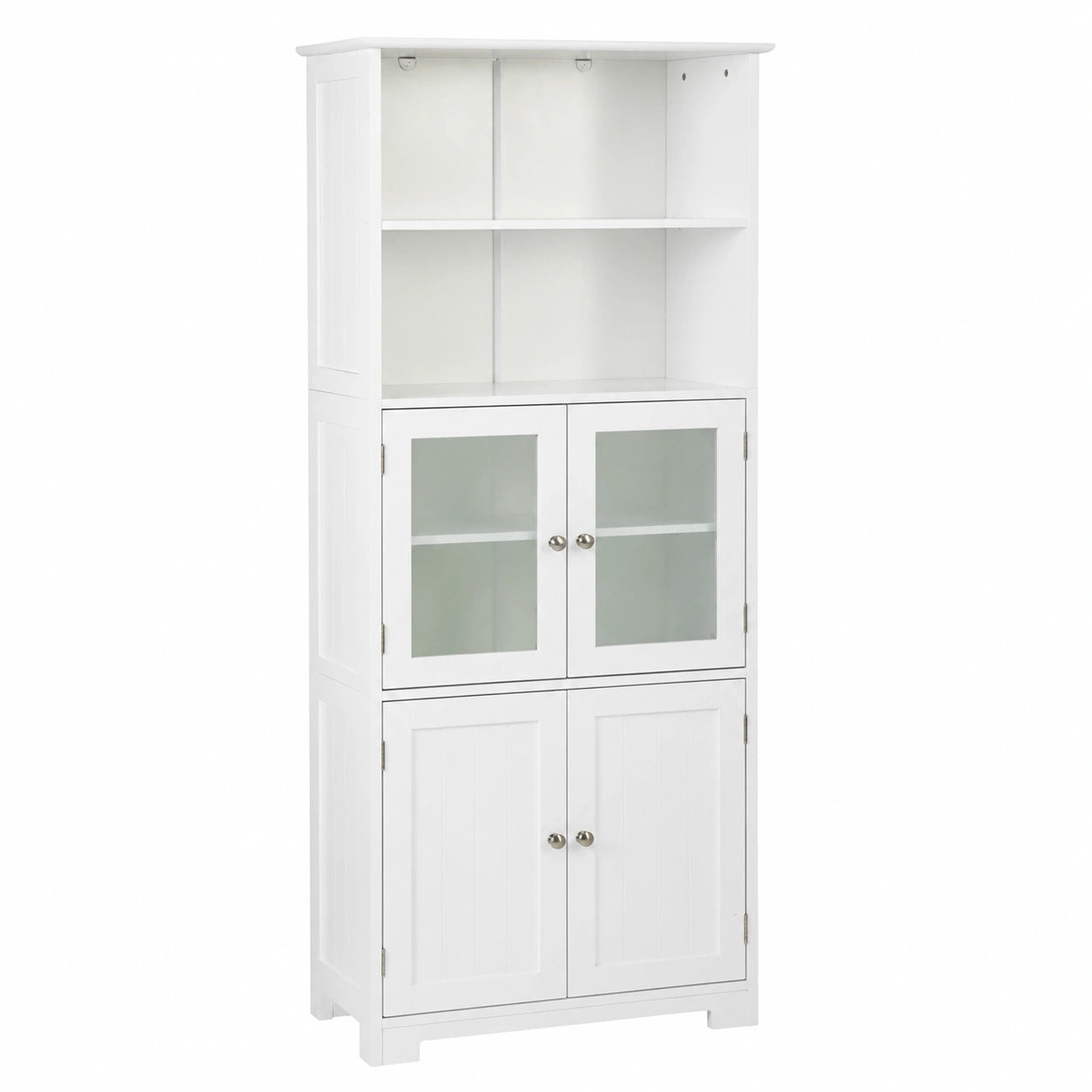 Armario Alto de Baño Blanco con Puertas y Cajón, Mueble de Almacenamiento con Estantes Ajustables y Puertas de Vidrio