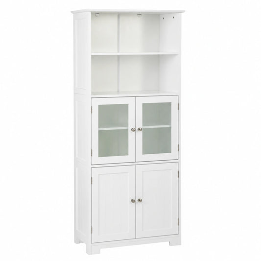 Armario Alto de Baño Blanco con Puertas y Cajón, Mueble de Almacenamiento con Estantes Ajustables y Puertas de Vidrio