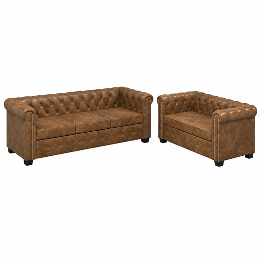 Conjunto de Sofás Chesterfield de 2 y 3 Plazas en Piel Sintética Marrón con Detalles de Remaches