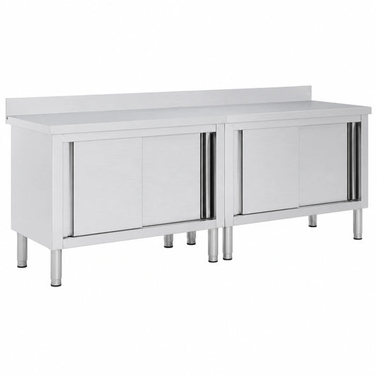 Conjunto de Dos Mesas de Acero con Puertas Corredizas para Cocina Profesional 240x50x(95-97) cm