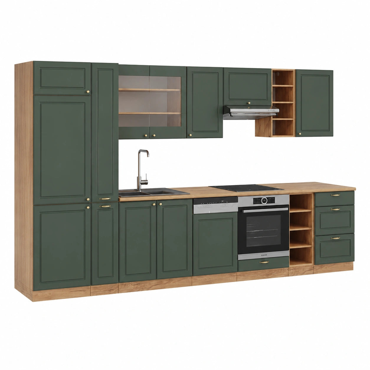 Conjunto de Cocina Modular Vicco, Verde-Oro, 355 cm, Expansible con Módulos Adicionales