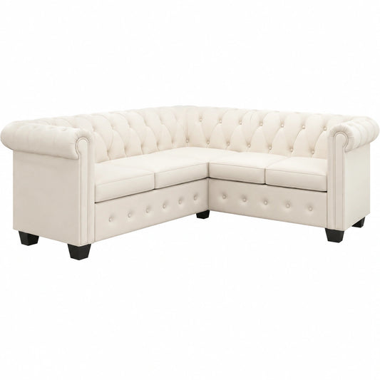 Sofá esquinero Chesterfield 5 plazas de piel sintética blanca con botones y remaches, 205x205x73 cm, diseño moderno para salón y oficina