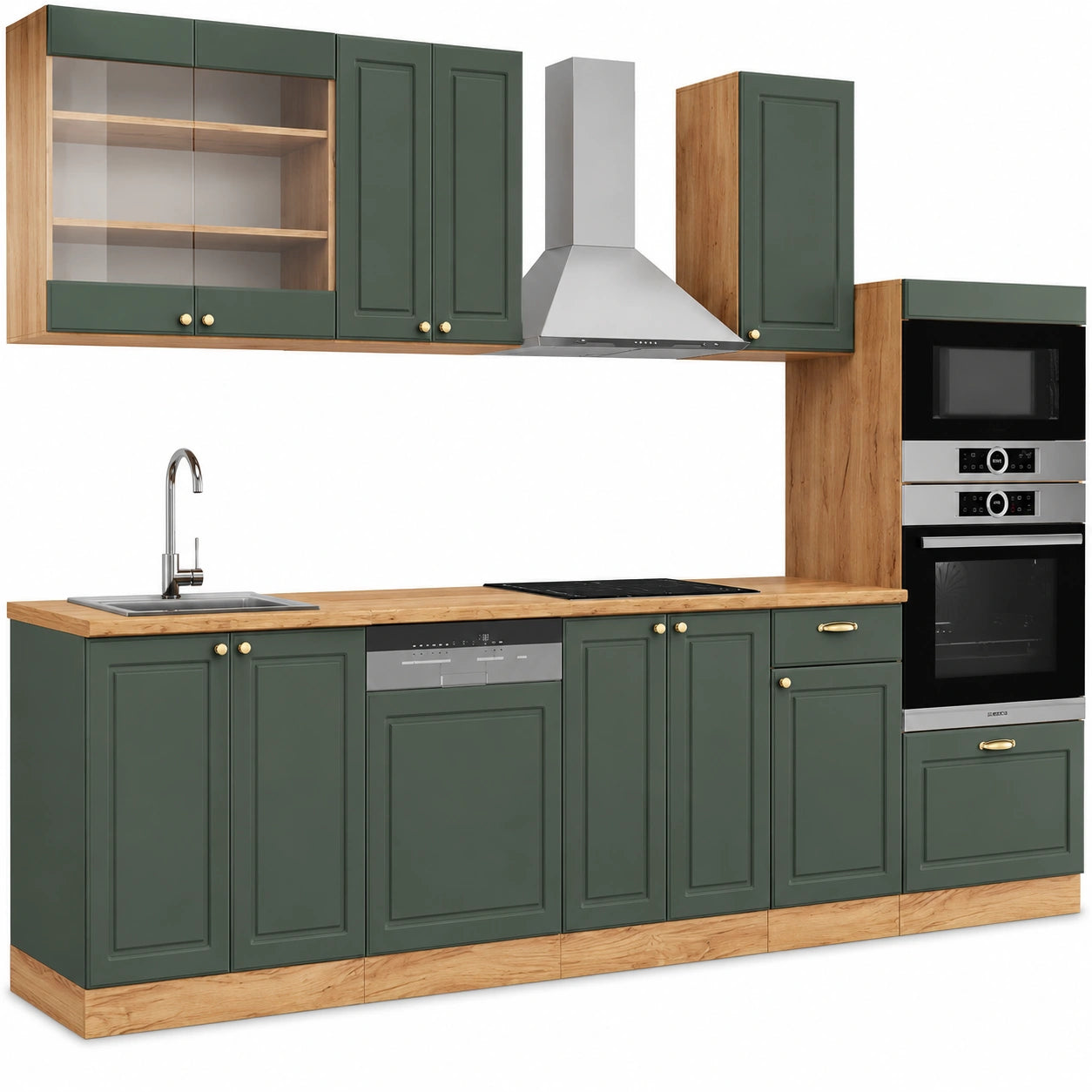 Vicco Conjunto de Cocina Modular, Verde-Dorado Roble, 300 cm, sin Encimera, Compatible con Ampliaciones