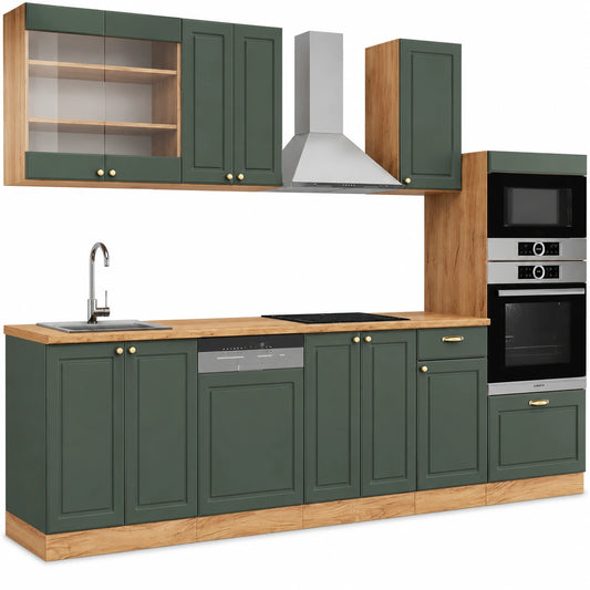 Vicco Conjunto de Cocina Modular, Verde-Dorado Roble, 300 cm, sin Encimera, Compatible con Ampliaciones