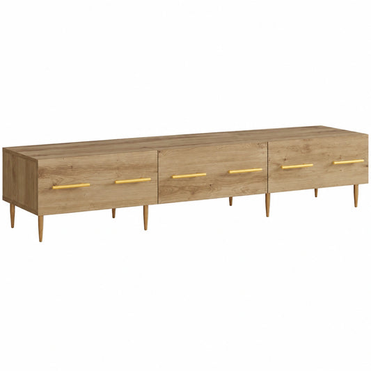 Centro de Entretenimiento de Roble con Estilo Moderno, 150x36x30 cm, Madera con Patas Doradas, Almacenamiento con Cajón y Estantes