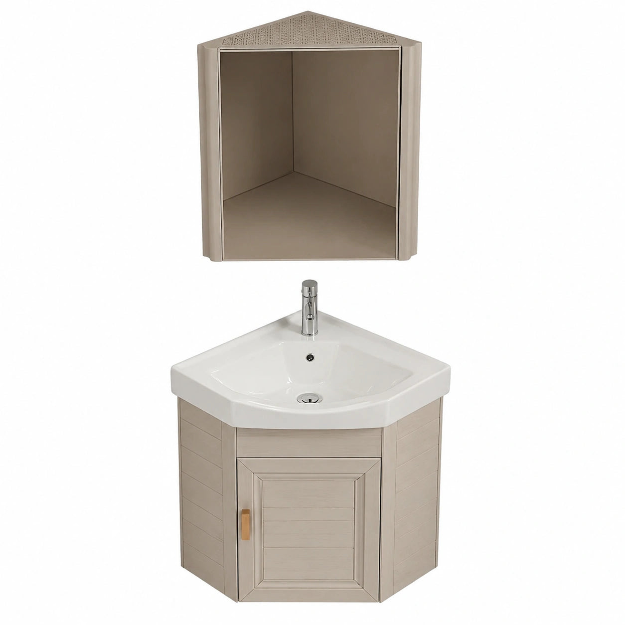 Conjunto de Mueble de Baño Esquinero Flotante con Almacenamiento, Lavabo y Espejo para Baños Pequeños