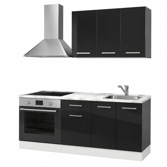 Cocina Completa Solteros Vicco R-Line, Negro Brillo/Blanco, 160 cm, Mueble con Encimera y Fregadero Integrados