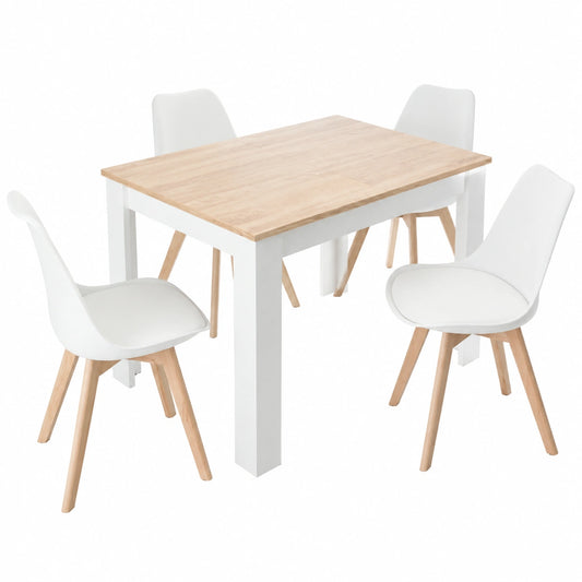 Juego Comedor Kendra: Mesa Extensible, Vitrina, Aparador y Sillas, Blanco y Roble