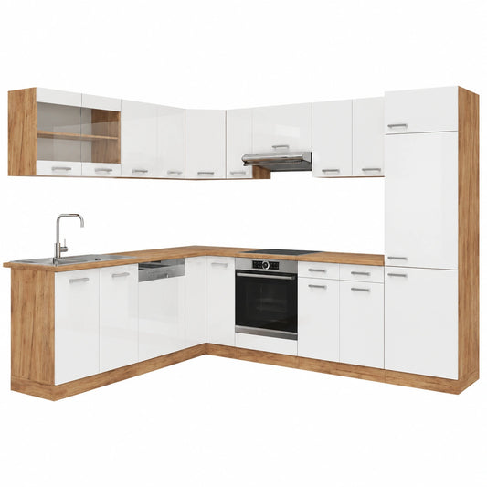 Módulo de Cocina Esquinera Vicco R-Line, Diseño Blanco Brillante y Roble Dorado, 287x46 cm, Sin Encimera, Configuración Flexible y Modular
