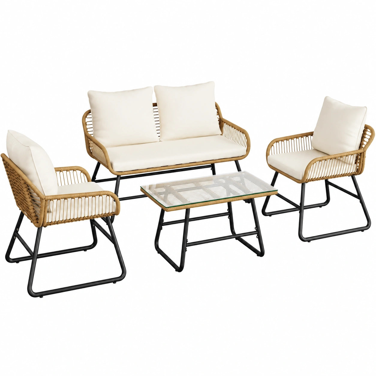 Conjunto de Muebles de Jardín de Ratán 4 Piezas para Balcón y Terraza - Beige/Crema