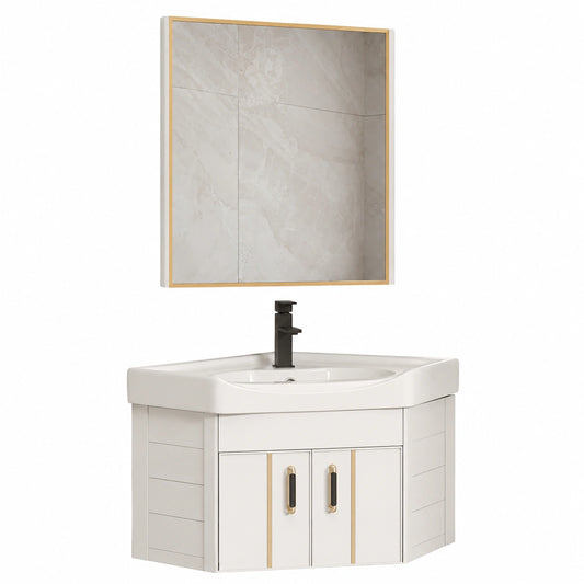 Mueble de baño esquinero con lavabo cerámico y espejo, fácil instalación, ideal para visitas y apartamentos (Blanco, 18.9x20.8)