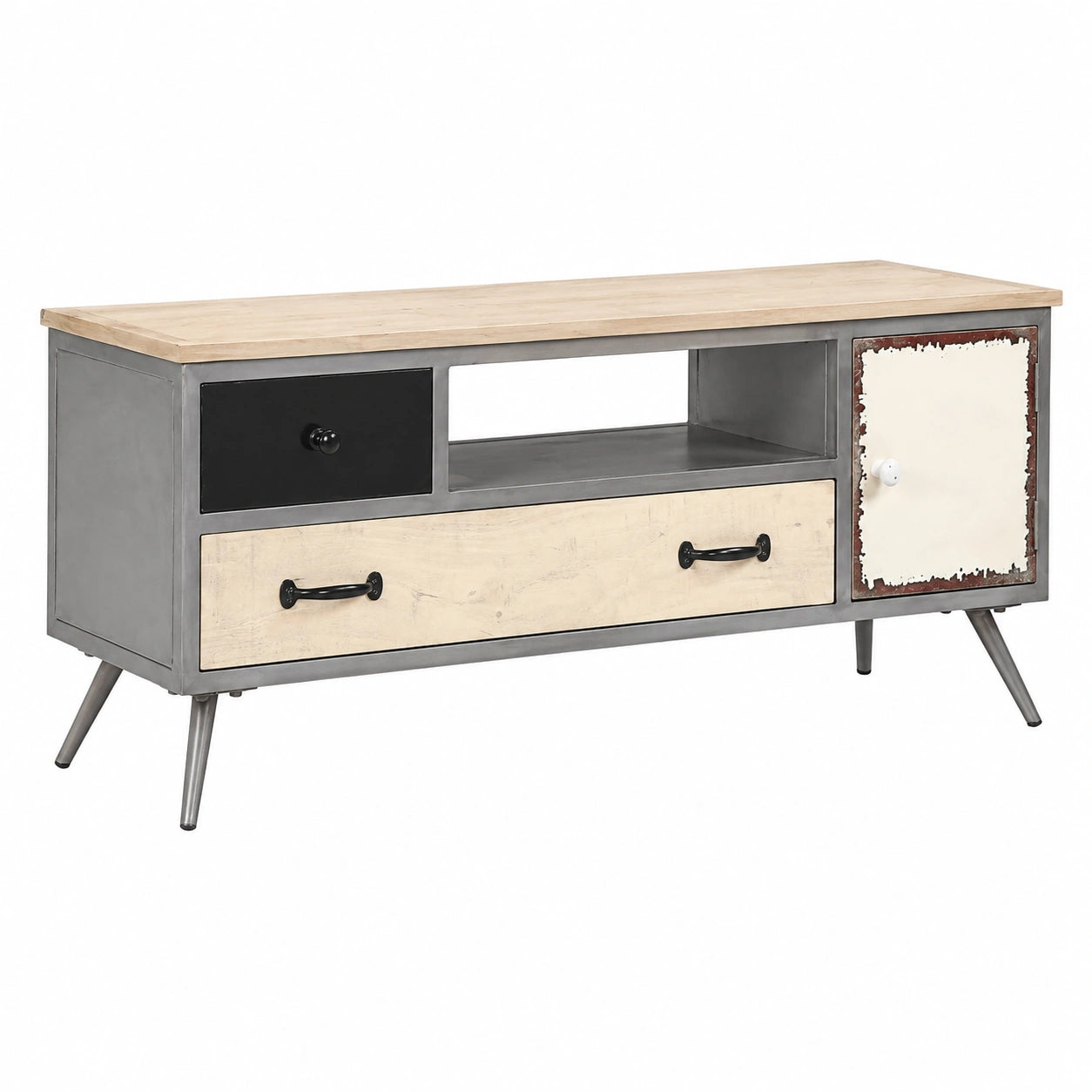 Mesa para TV de madera de mango y acero con acabado lacado, 120x30x45 cm, con cajones y estante, para salón y dormitorio