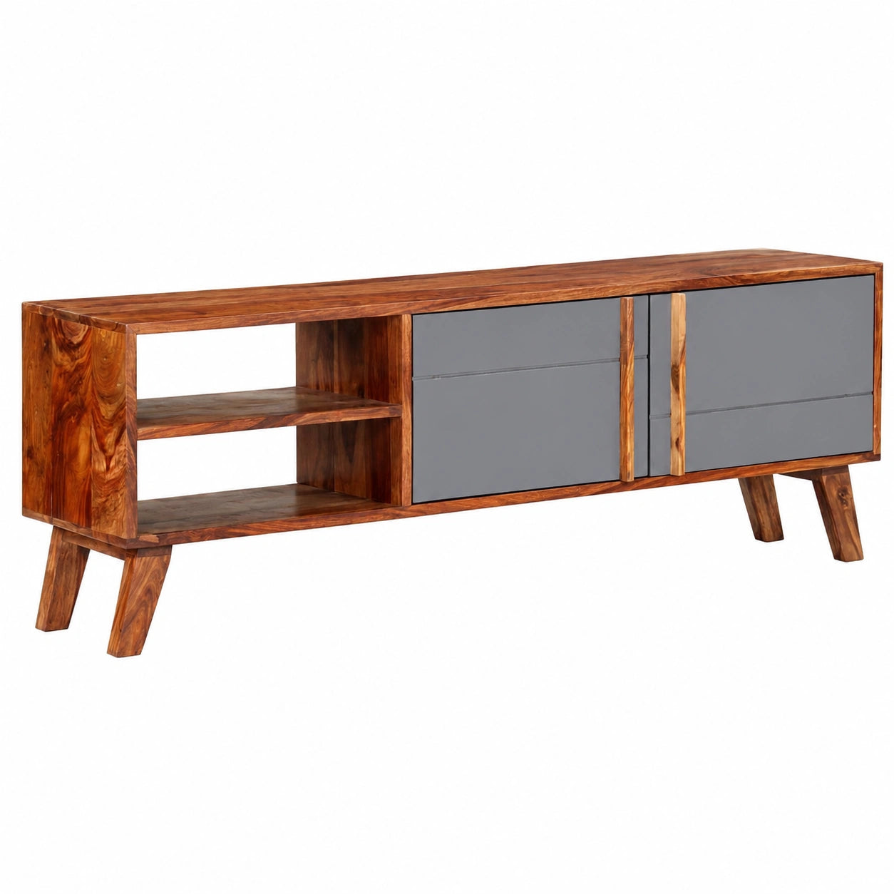 Mesa para TV de madera gris con compartimentos abiertos 140x30x45 cm